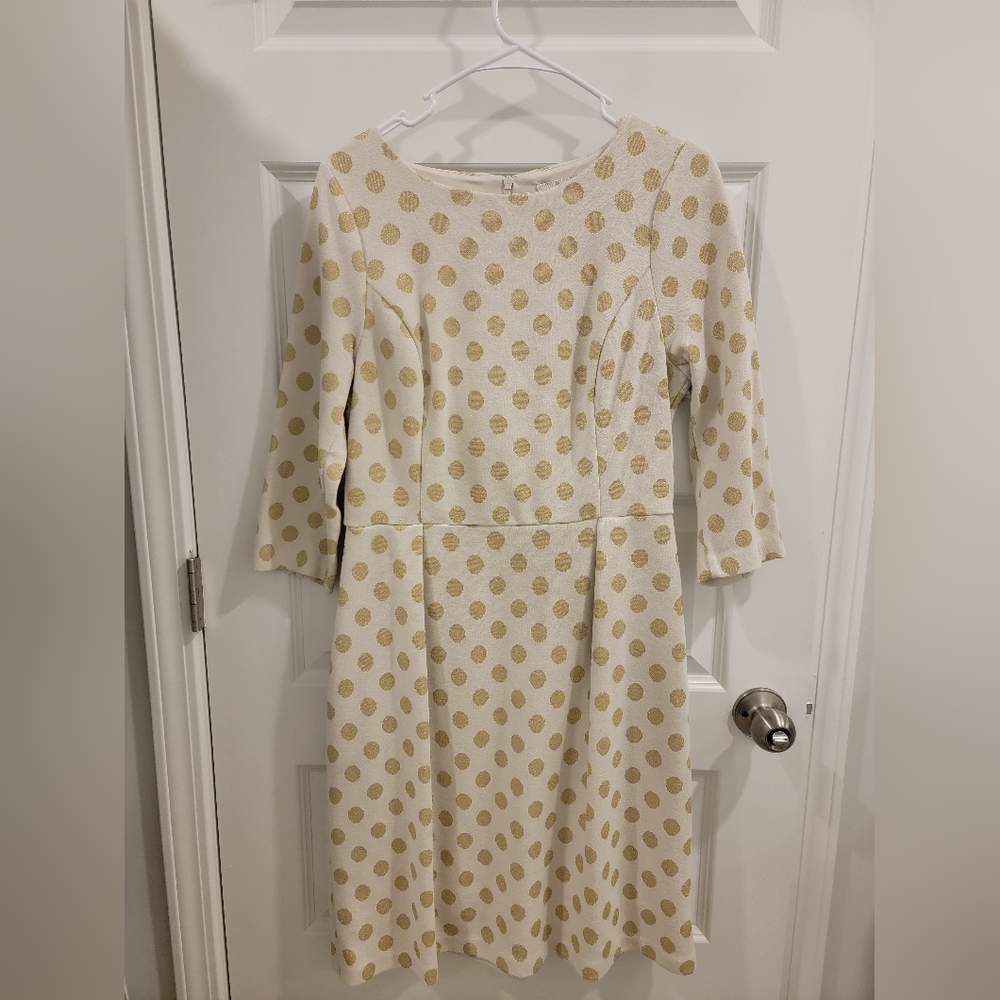 Boden Cream Dress with Gold Polka Dots Women's Size 10 Tall